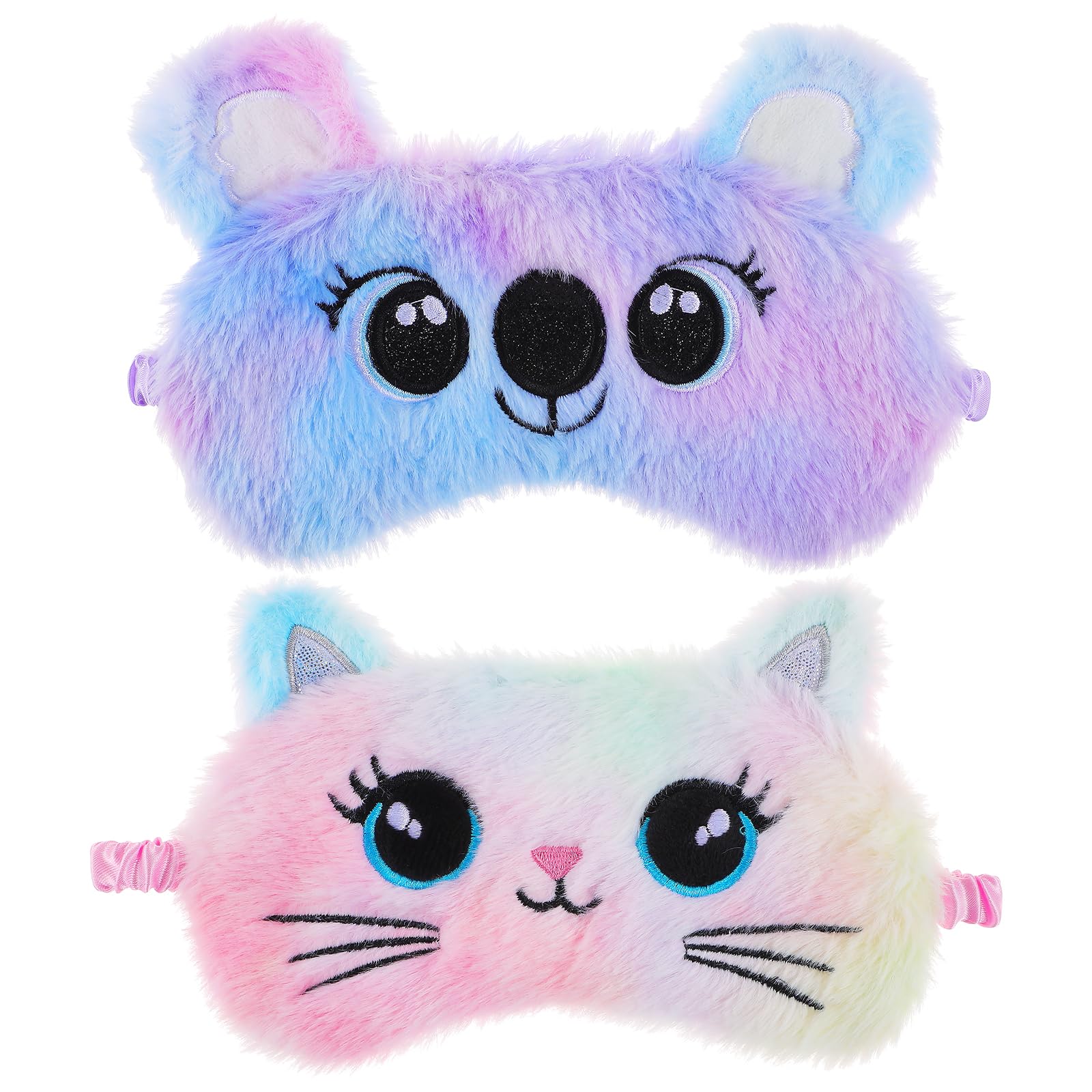 FNANJWQ 2 Pcs Plush Sleeping Eye Mask for Kids Fluffy Colorful Sleeping Blindfold Soft Kitty Eye Covers Comfortable