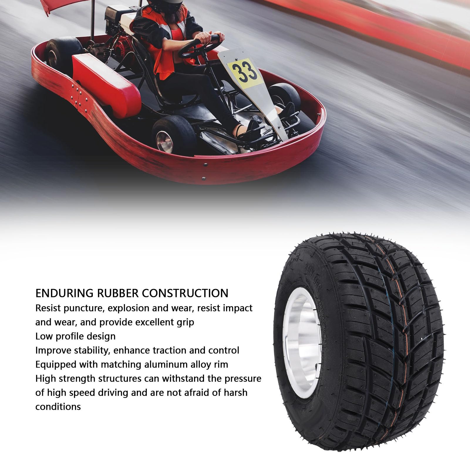 Yctze 10x4.50-5 Pneu à Roue de Bord Avant Go Kart Tire Kart Tire Racing Kart Tire 4pr Anti Puncture Anti-ponction avec Rim en Alliage en Aluminium pour Le Chariot UTV ATV Côte à Côte