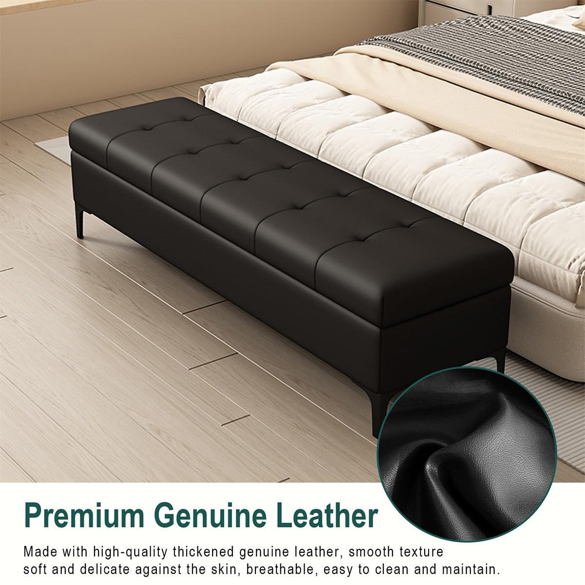 Slish Sto Bank aus Leder, gepolstert, 80 cm, Ottomane, Fußstütze für Schlafzimmer und Eingangsbereich, Schuhregal mit Stahlbeinen und getuftetem Design, Schwarz