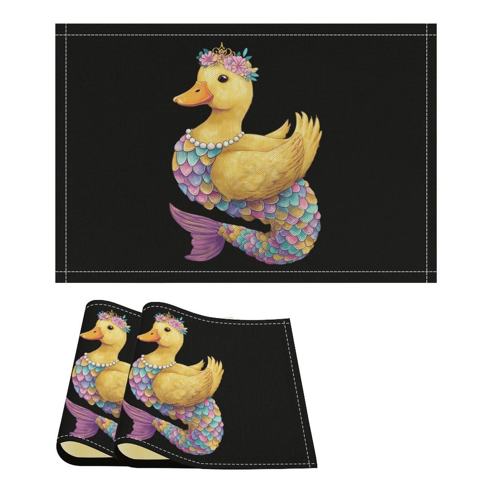 Duck with Mermaid Tail Funny Linen Placemats Heat Resistant Table Mats for Dining Kitchen 18 X 12 Inch