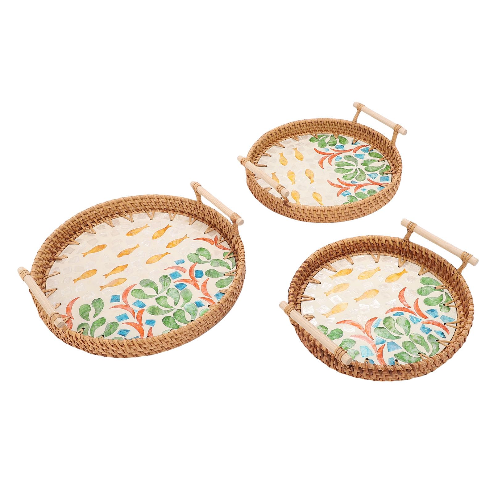 Domary Multi Purpose Rattan Tray Round 3 Pcs Woven Serving Baskets with