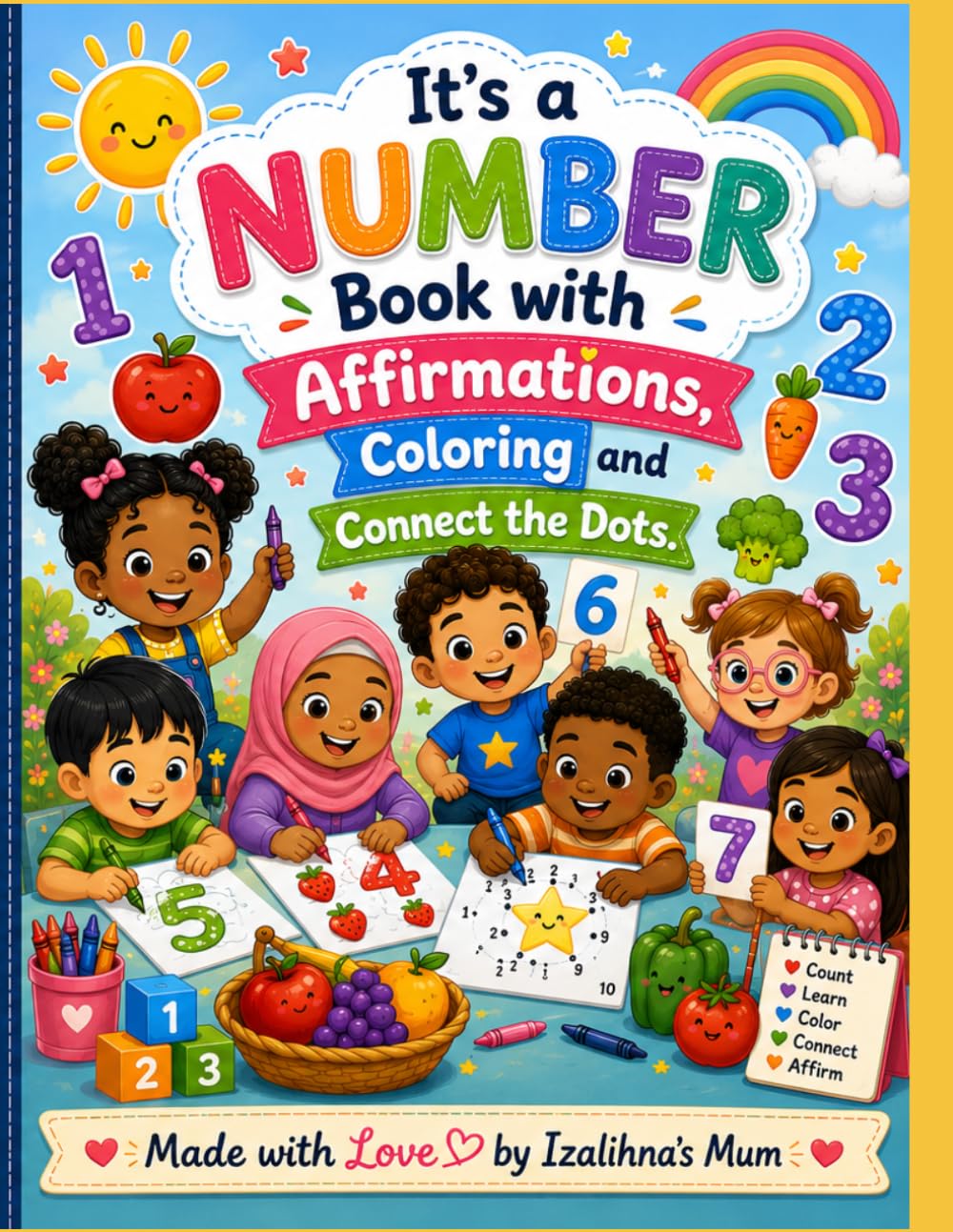 It's a Number Book with Affirmations, Coloring and Connect the Dots.