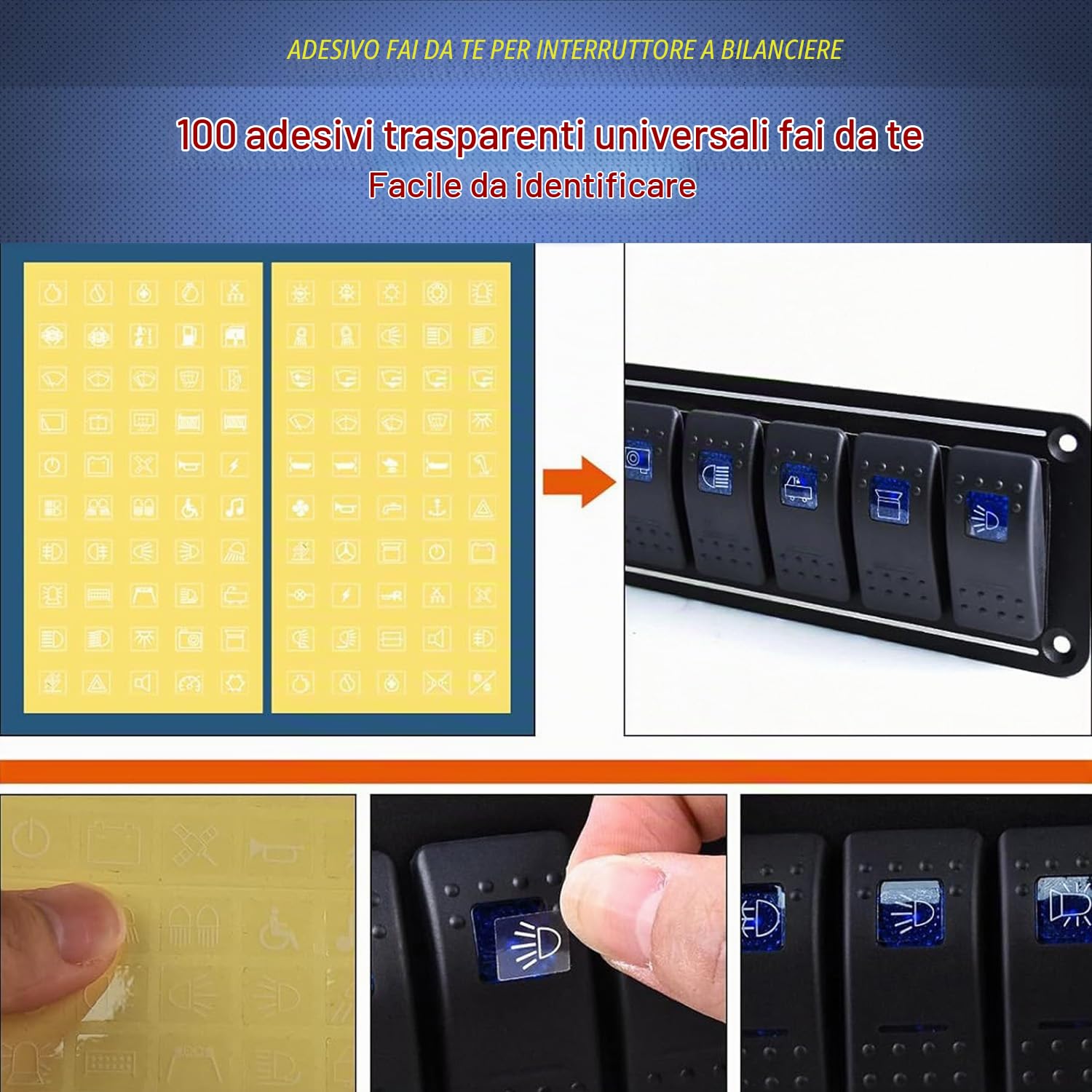 Greluma 1 Pezzo Pannello interruttori a bilanciere 8 bande,interruttore a levetta,interruttore bilanciere precablato DC 12V-24V ON/Off,interruttore retroilluminato blu per auto,barca,camper e veicoli