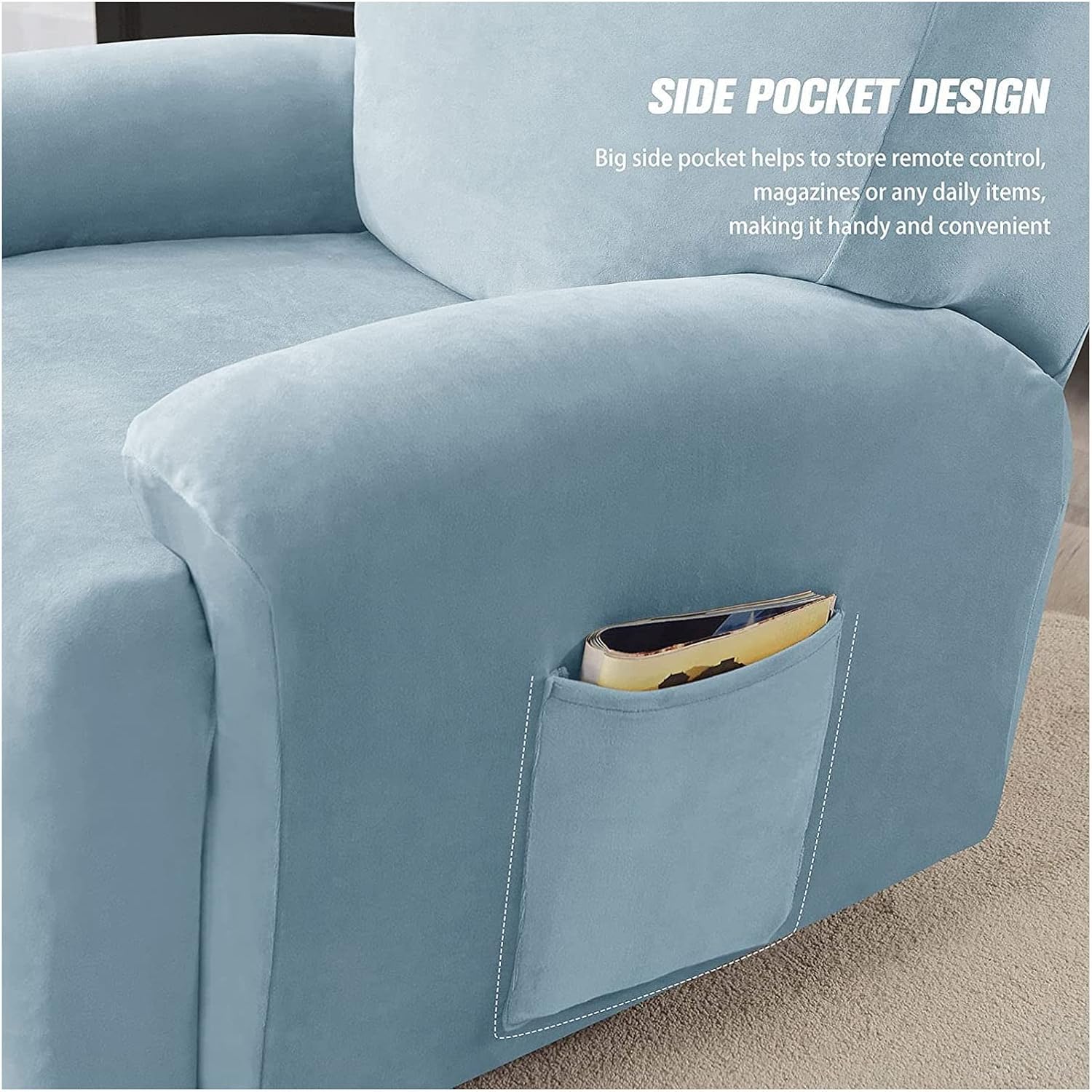 Stretch Recliner Chair Covers Velvet, Single 1 seat 4 Piece Recliner slipcover Soft Non-Slip Armchair Covers Recliner Chair Cover ​Sofa Slipcover Furniture Protector (Color : Light Blue)
