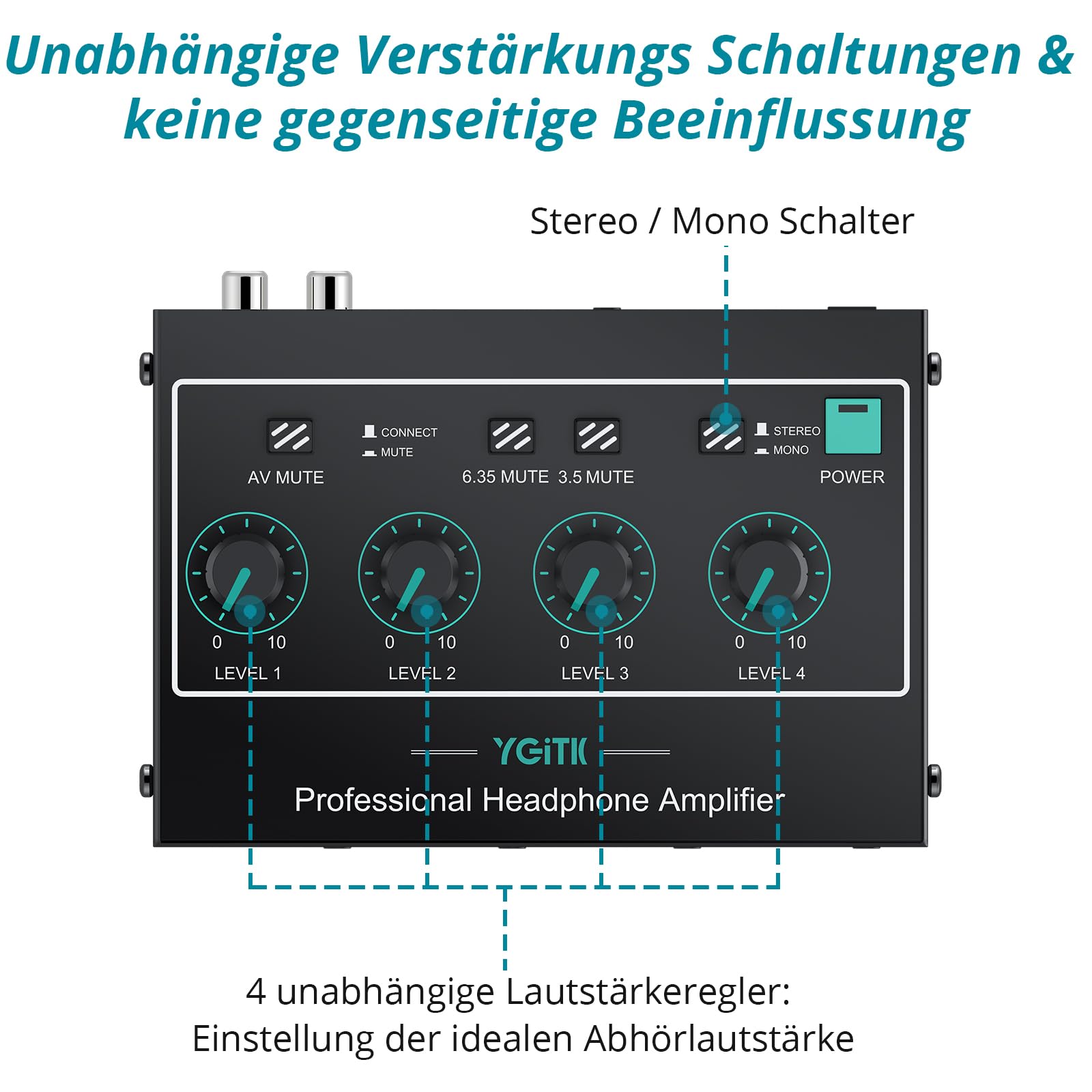 4 Kanal Professioneller Kopfhörerverstärker, tragbar Stereo-Audioverstärker mit RCA/ 3,5mm/ 6,35mm Eingang & 3,5mm/ 6,35mm Ausgang, Stumm, mit Netzteil Audiokabel, Ideal für Studio und Bühne
