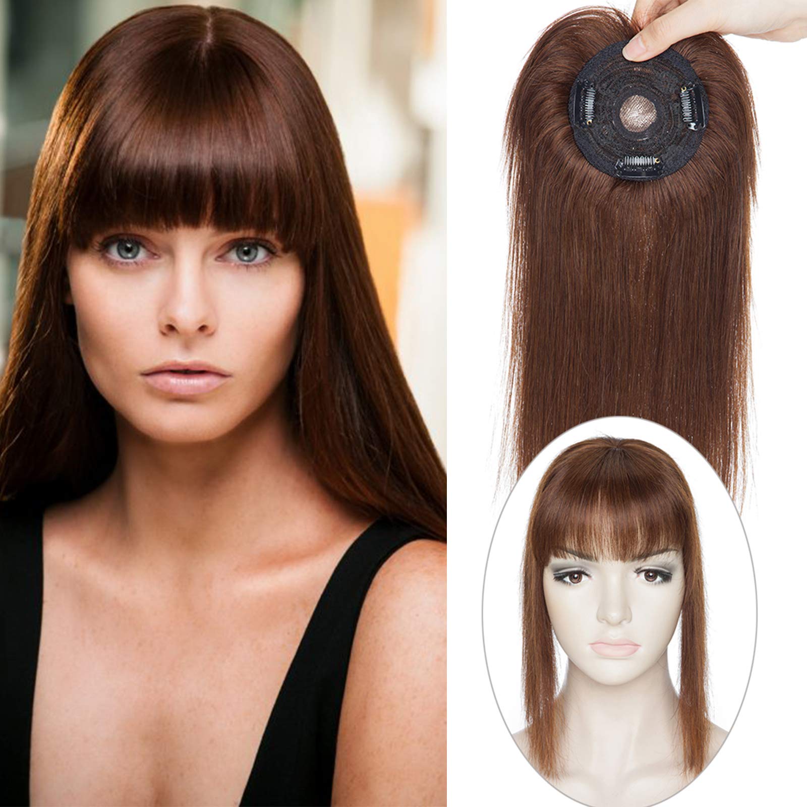 10" Human Hair Toppers with Fringe for Thinning Hair Women #4 Medium Brown (32g)