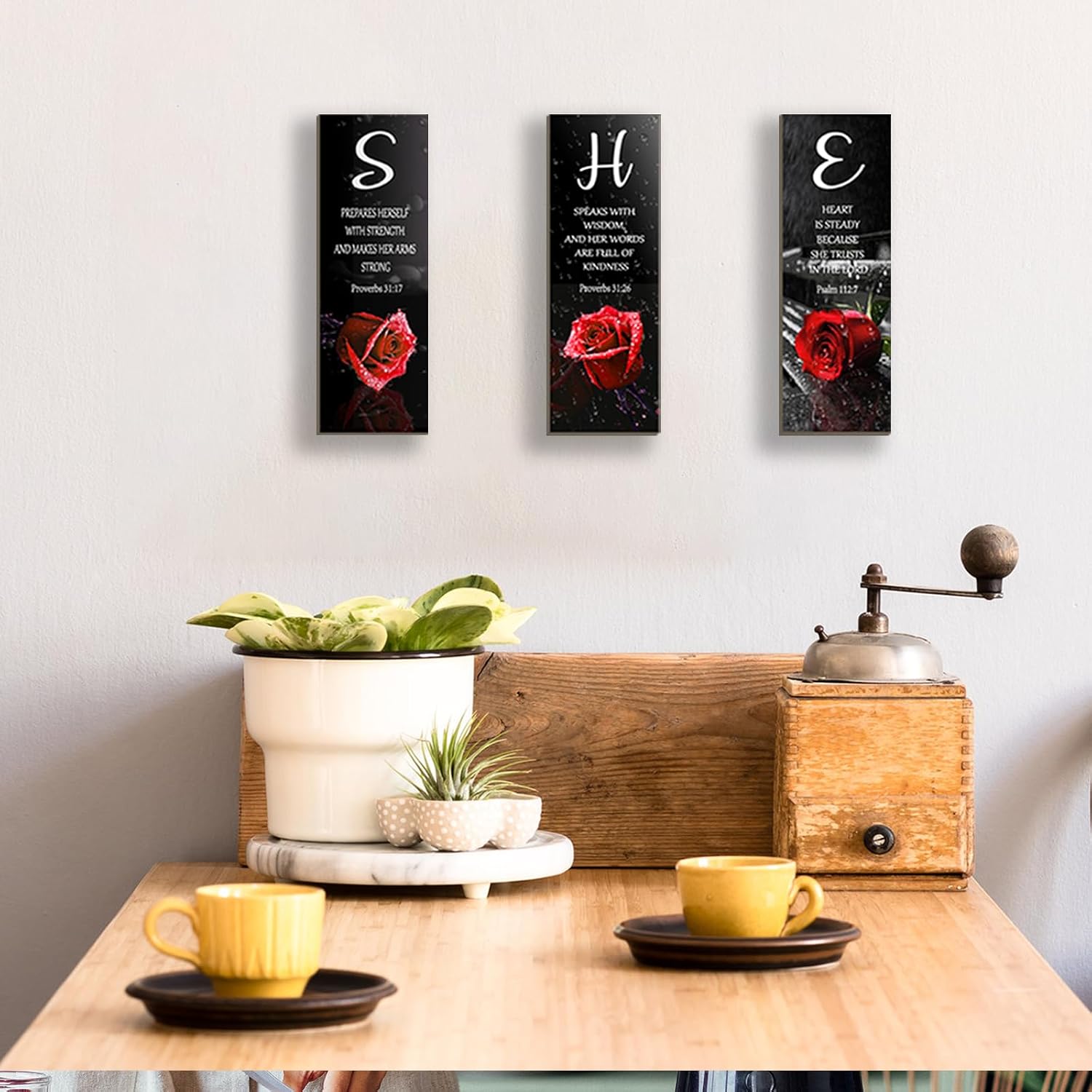 3 Pieces Red Bedroom Decor Red Rose Women Bedroom Wooden Red Bathroom Inspirational Office Decor With SHE Religious Words Signs For Women Kitchen Home(Red Rose 12x4Inch) image 2