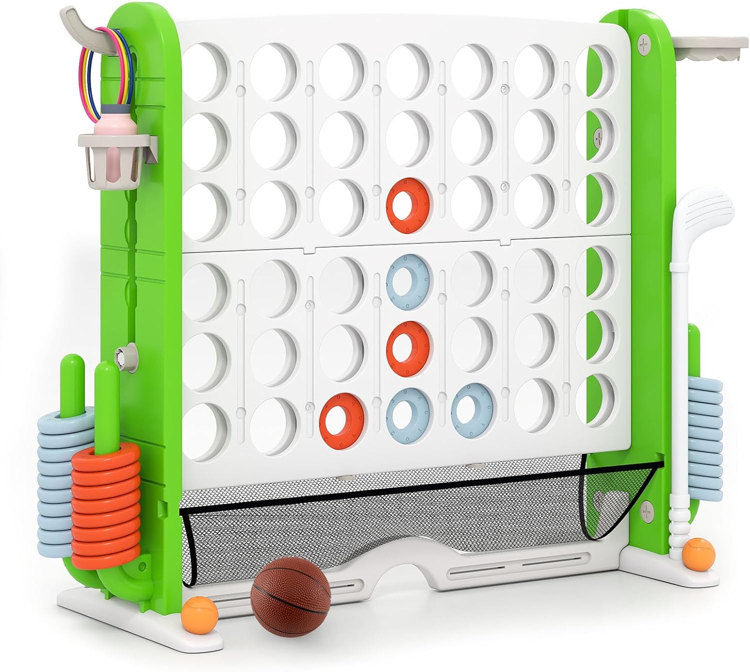 HONEY JOY 4-in-a-Row Game Set, Jumbo 4-to-Score Game with Ring-toss, Basketball Hoop, Golf Club & Cup Holders, Height Adjustable Connect Game with Mesh Pocket for Indoor & Outdoor Holiday (Green)