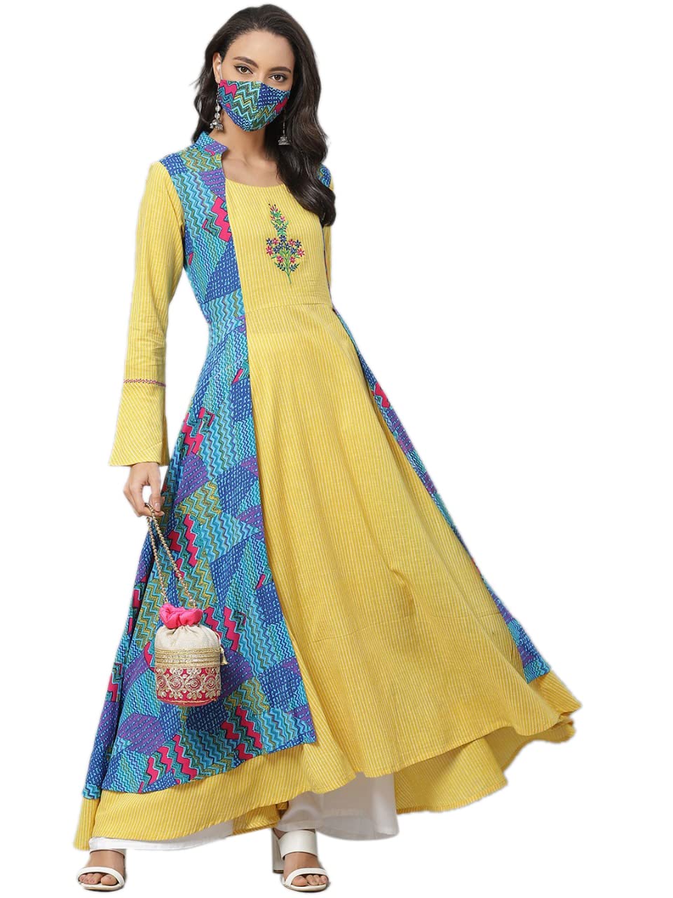 Yash Gallery Women's Rayon Jacket Style 3/4 Sleeve Round Neck Long Indian Anarkali Kurtis For Summer