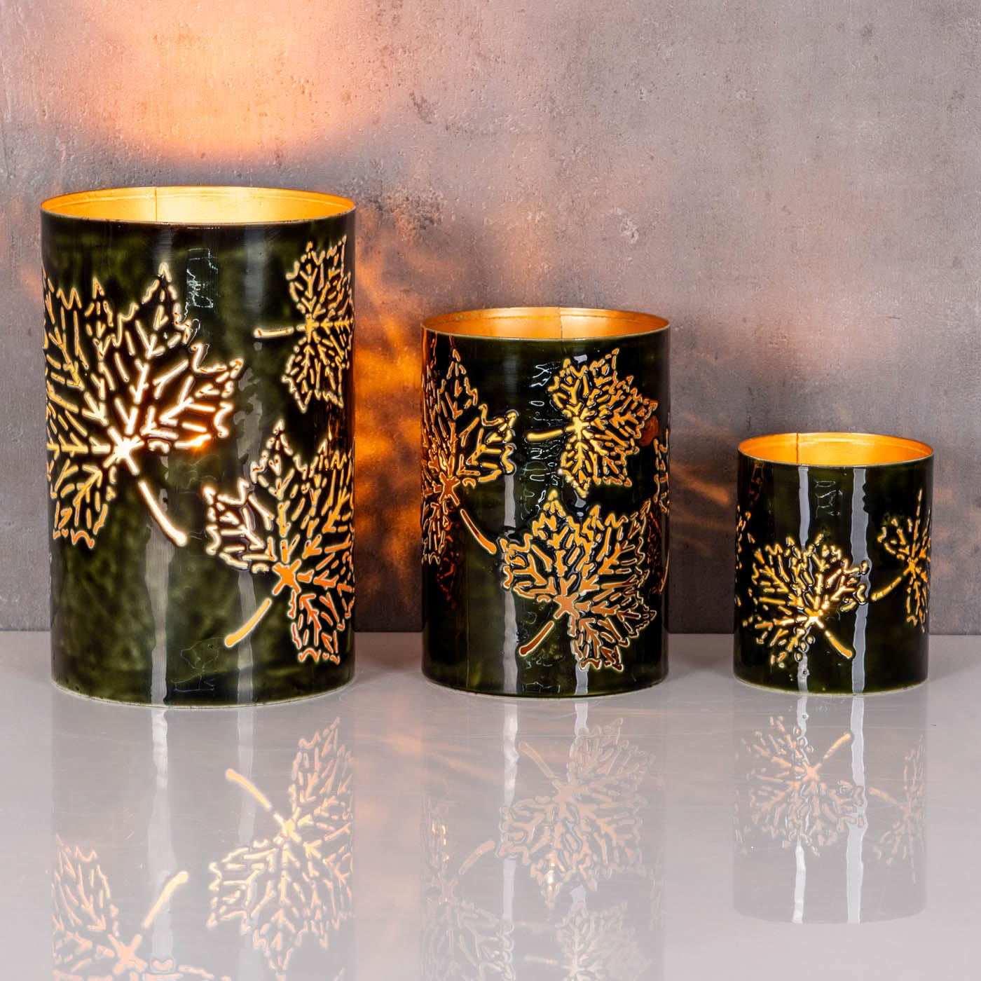 levandeo 3er Set Windlichter H10-20cm Teelichthalter Grün Gold Metall Herbstblatt Herbstdeko Tischdeko Kerzenhalter Ahorn Ahornblatt