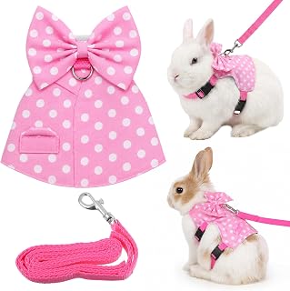 Bunny Harness and Leash Set, Adjustable Rabbit Harness with Buckle for Small Pet Rabbit Kitten Guinea Pigs (Pink Polka Dot, S)