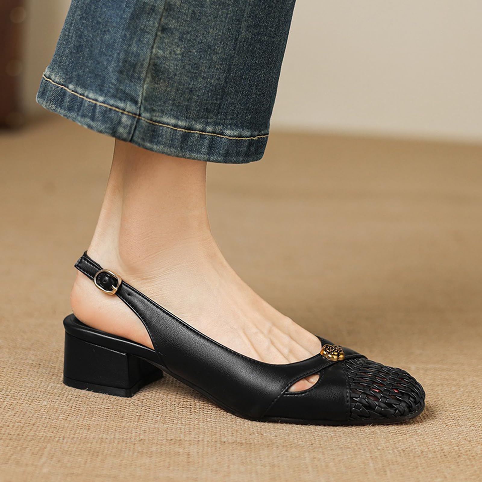 Sandalias Destalonadas Mujer Punta Cerrada Trenzadas Punta Cuadrada Tacón | Empeine Trenzado Suave, Punta Cuadrada, Correa Hebilla Ajustable, Tacón Bloque Estable 3.5cm