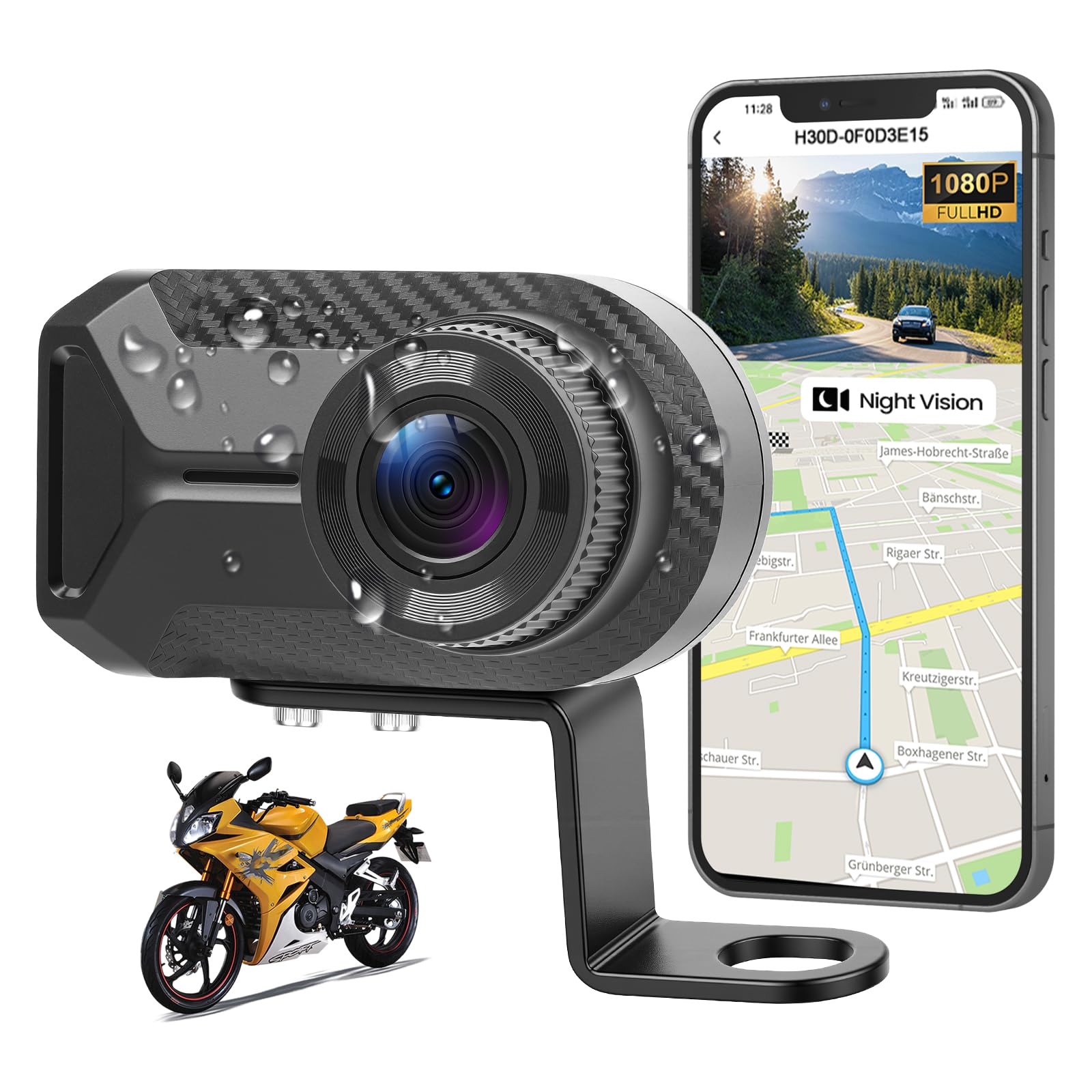 CAMECHO Mini Dashcam para Moto 1080P Cámara IP66 Frontal Impermeable Sin Pantalla, Gran Angular de 110°, Visión Nocturna, Aplicación WiFi, Grabación en Bucle, 7 * 4 * 3,2 cm