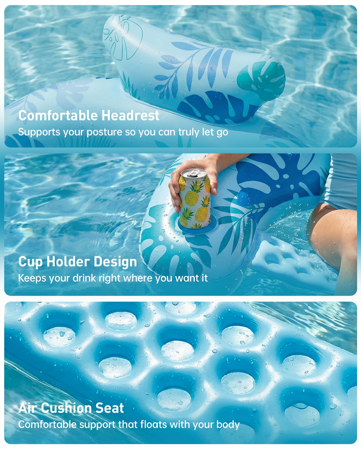 SOLAVERO 3 Pezzi Sedia Gonfiabile Piscina, 119 x 86 cm Amaca Galleggiante con Portabicchieri & Maniglia, Sedie Sdraio Gonfiabile Estate per Rilassarsi, Leggere e Feste in Piscina (Foglia)