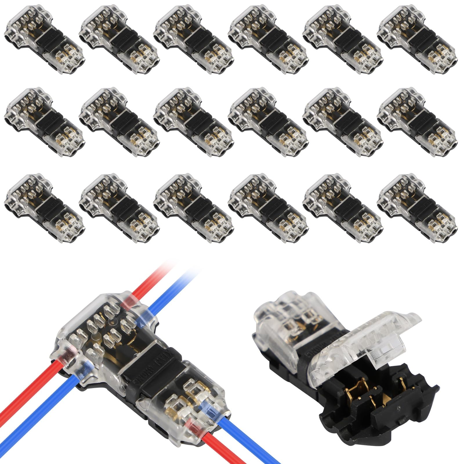 20Pcs 3 Way 2 Pin T Tap Wire Connectors Stripping for Automotive Wiring, Solderless Push-in Led Strip Connectors for Low Voltage Quick Splitter, No Wire Stripping Required for 18-22 Awg Wires