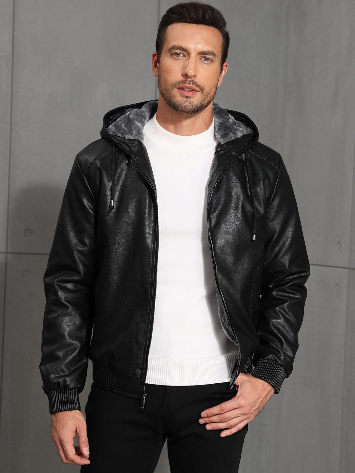 Uusollecy Chaqueta Cuero Hombre de Invierno con Forro Cálido Capucha Resistente al Viento y Cremallera