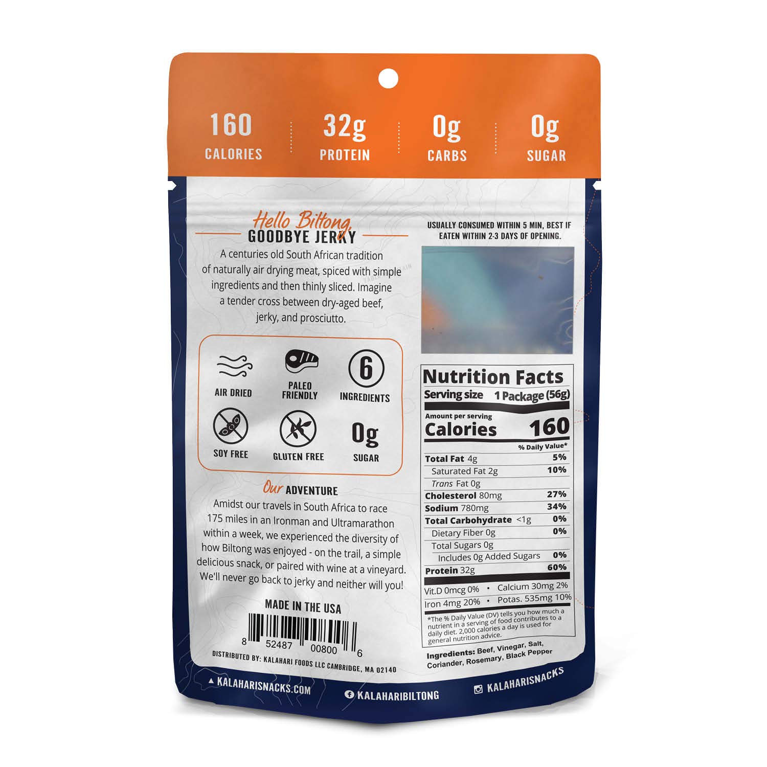Original Kalahari Biltong, Air-Dried Thinly Sliced Beef, 2oz (Pack of 5), Sugar Free, Gluten Free, Keto & Paleo, High Protein Snack