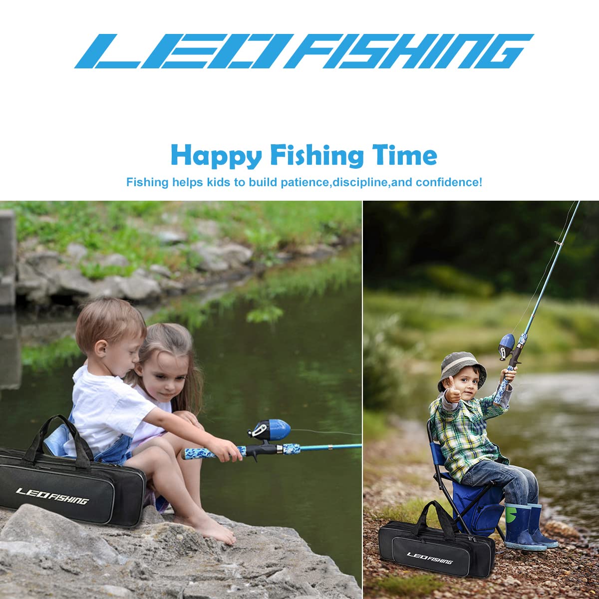 LEOFISHING Set di canne da pesca per bambini con kit di avviamento completo Canna da pesca telescopica portatile e mulinello a spincast con rete da pesca e secchio per ragazzi e ragazzi