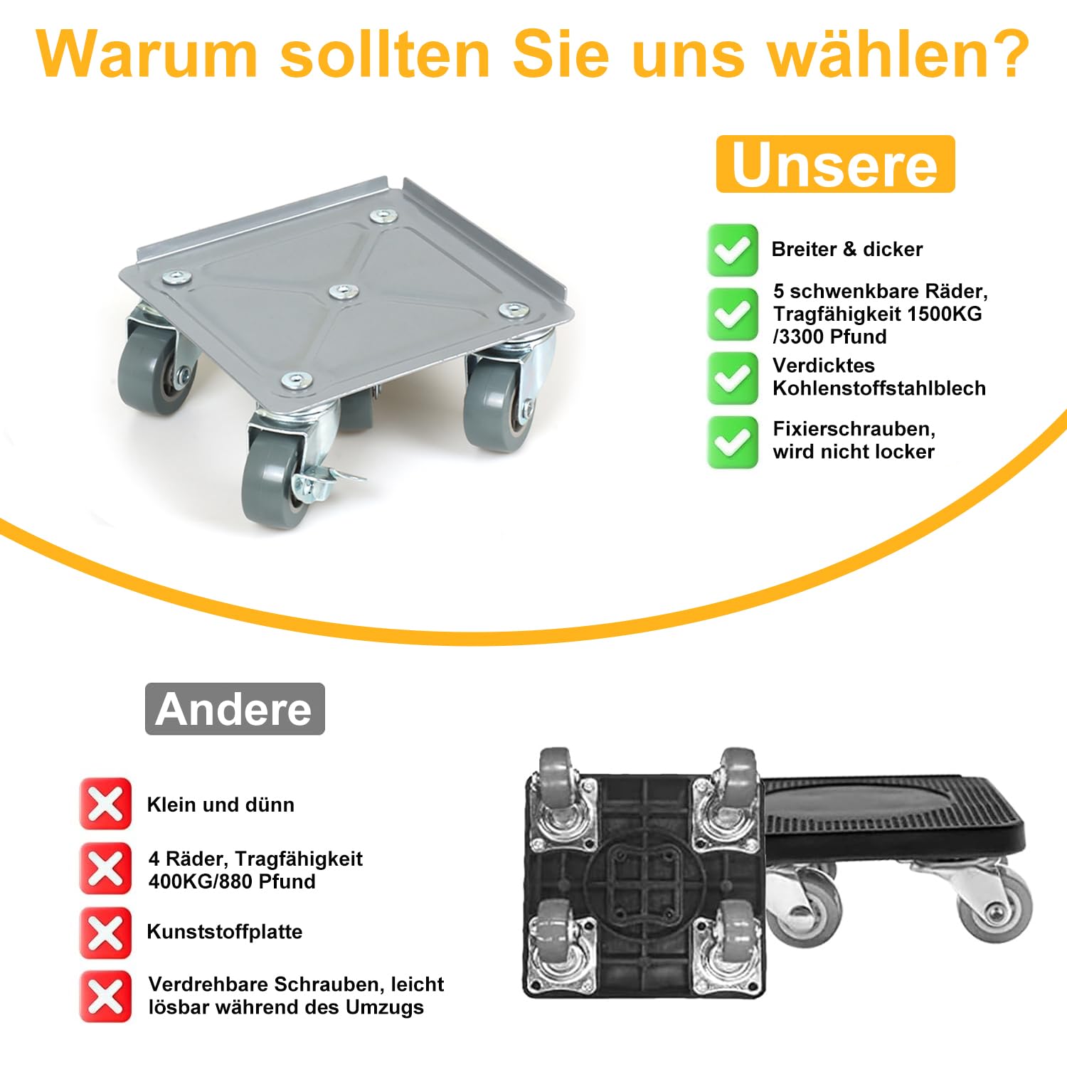 Kit de transport de meubles solide - Avec 4 chariots à panneaux en acier au carbone - Avec 5 roues universelles en caoutchouc - Roulettes pour déplacer les réfrigérateurs, les canapés, etc. - Charge