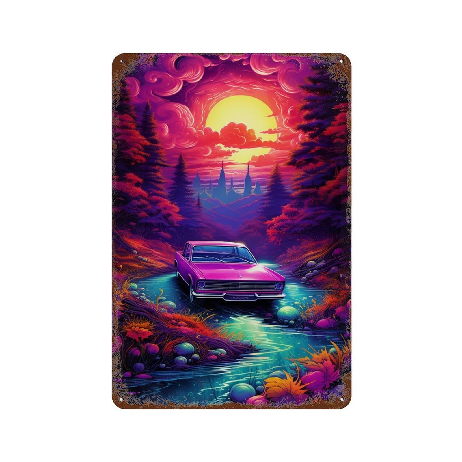 Magical Sunset Drive Rust Effect Tin Sign 11.8"x7.9", Vintage Wall Decor for Pub, Kitchen And Man Cave Decor