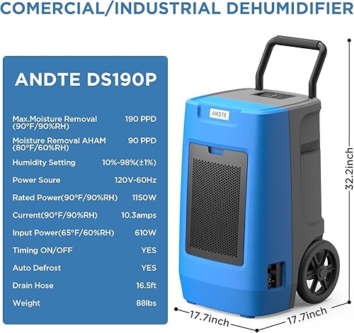 Miniatura 4 de Andte Deshumidificador comercial de 190 pintas con bomba para 3,000 pies cuadrados - Eliminación de humedad de grado industrial para sótanos,