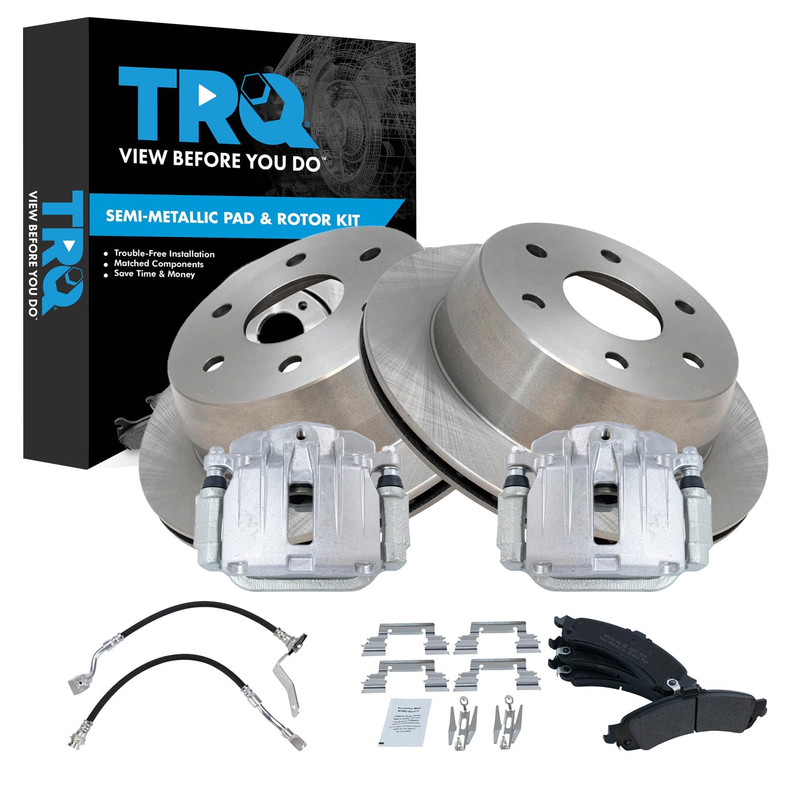 TRQ Rear Brake Pad and Rotor Set Semi Metallic Rotors Calipers Compatible with 2002 GMC Sierra 1500