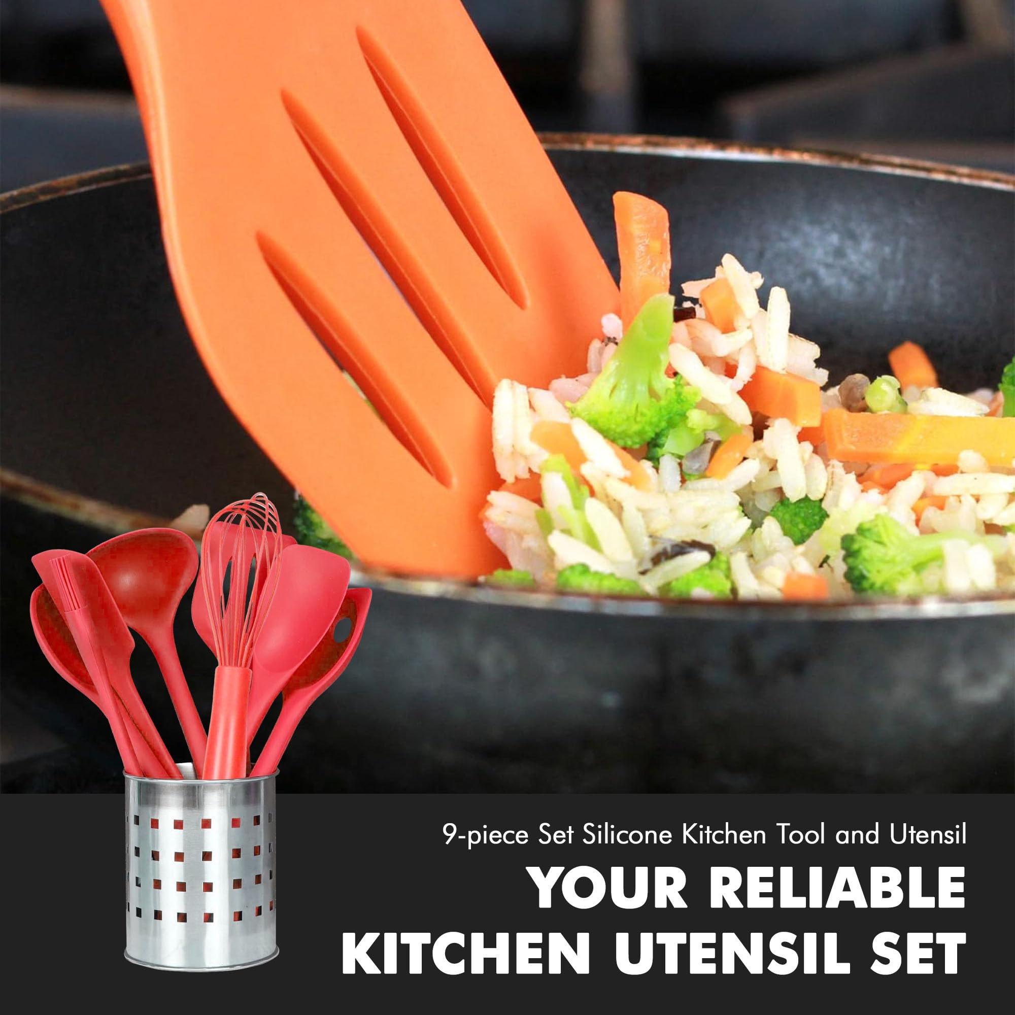 Chef Craft Juego de utensilios y utensilios de cocina de silicona premium, 9 piezas, color rojo
