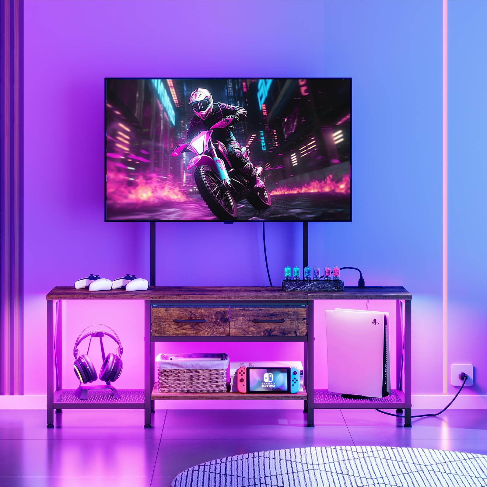 CHOEZON TV Stand with Mount, Power Outlet and LED Light, Entertainment Center, Adjustable TV Stand, for 32-70 inch TVs, 2-Tier Storage, for Living