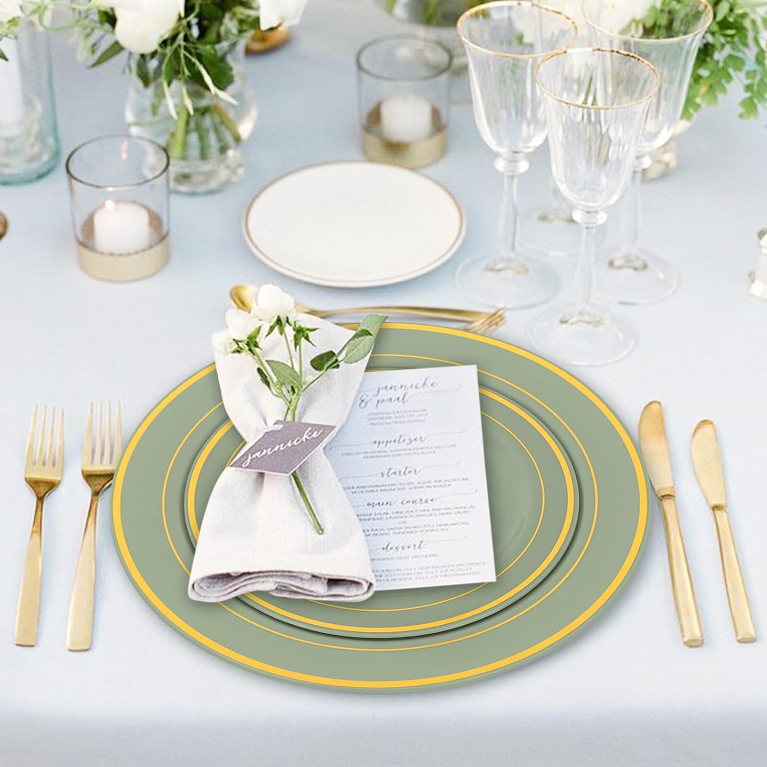 Whaline 50Pcs Sage Green Plastic Plates Gold Foil Bordered Disposable Plates Decorative Dinner Dessert Plates for Bridal Shower Wedding Party Supplies Table Decor - Image 6