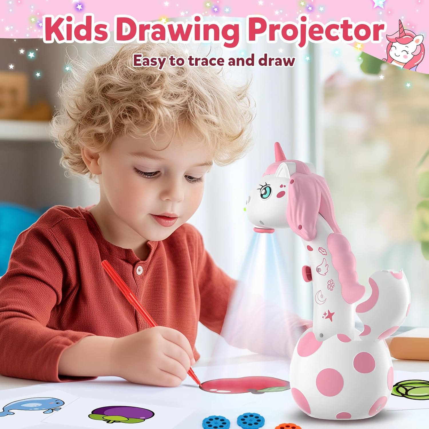 KETIEE Unicorn Drawing Projector Toys for Ages 5-7: Smart Art Sketcher Tracing and Drawing Projector for Kids with 96 Stencils, Spring for Girls Boys Ages 3+