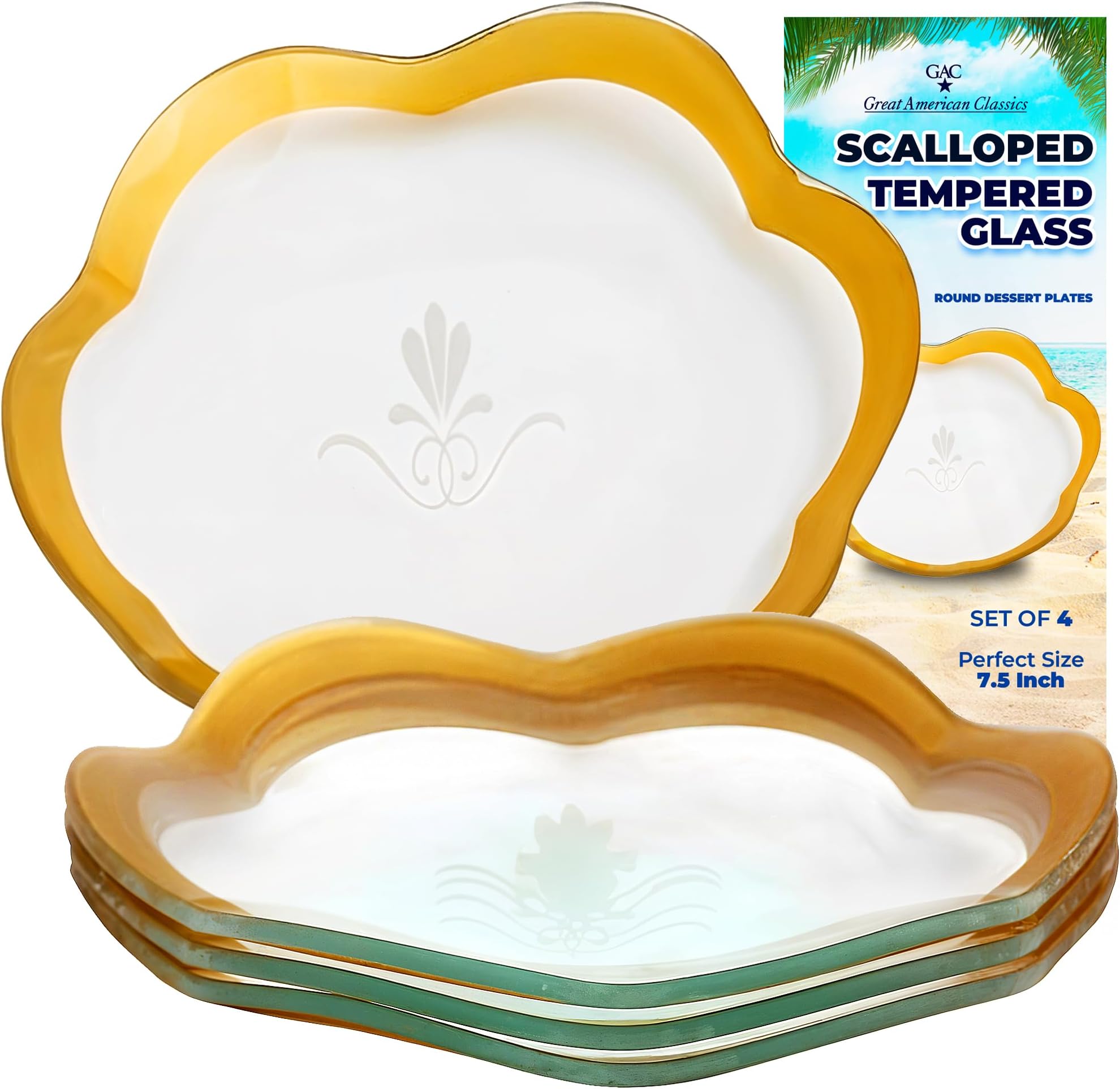 GAC Scalloped Tempered Glass Dessert Plates and Platters - Elegant Dinnerware & Decorative Plates with Gold Trim, Ideal for Serving Food, Special Occasions, and Presents - Set of 4, 7.5 Inch
