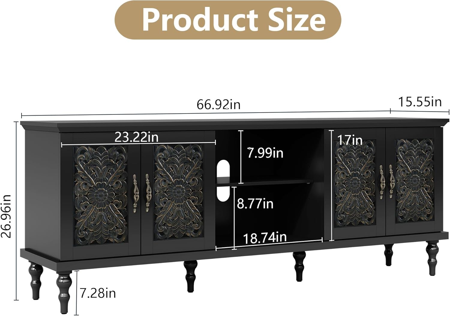 ARTPOWER 67'' Vintage TV Stand with Hollow Carved Doors and Adjustable Shelves, Retro Entertainment Center with Storage, Long TV Consoles for Living Room, Bedroom, Black