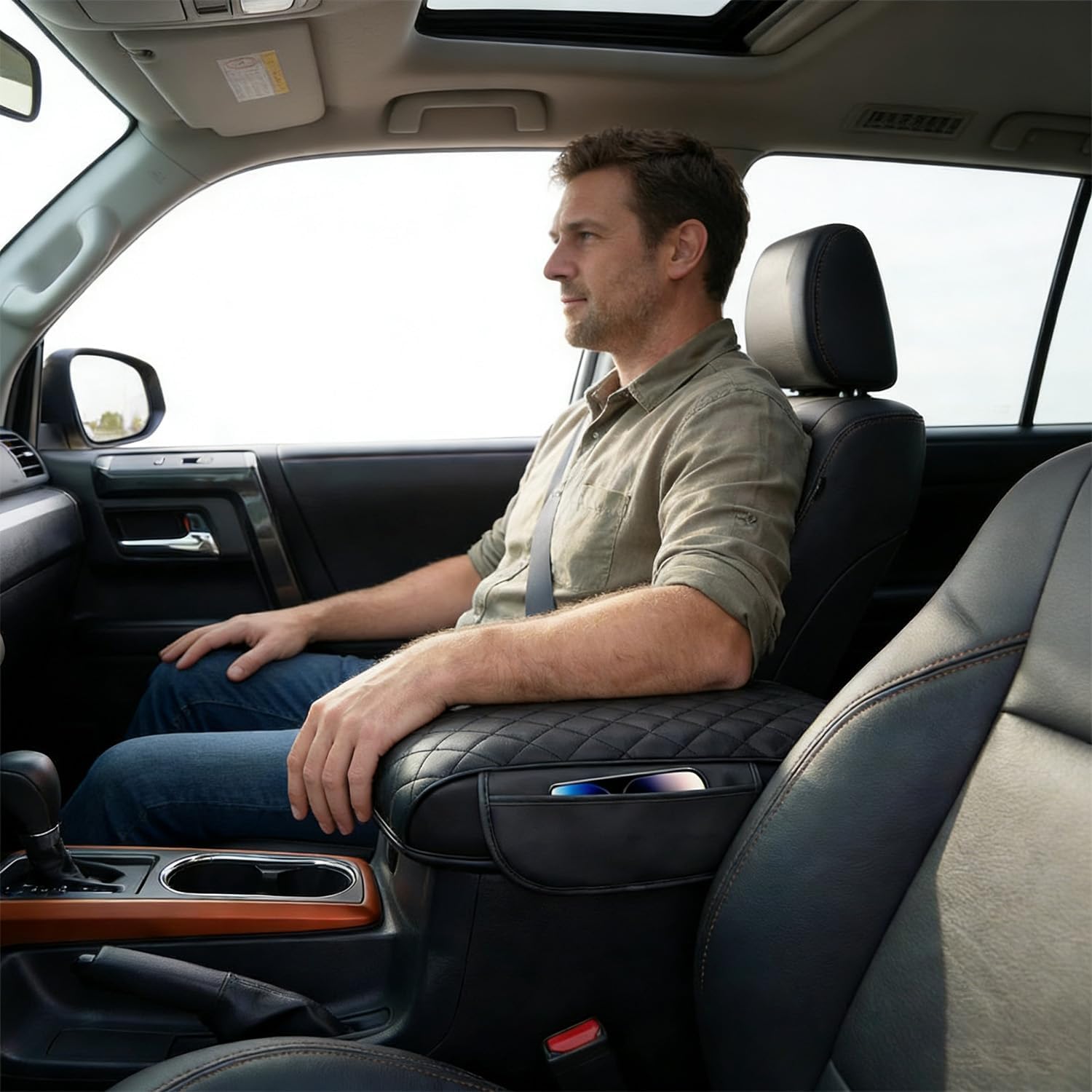 Armrest Cover Compatible with Toyota 4Runner 2010-2024, Center Console Pad with Organizer Storage Pockets, Leather Arm Rest Lid Protector Cushion Interior Accessories