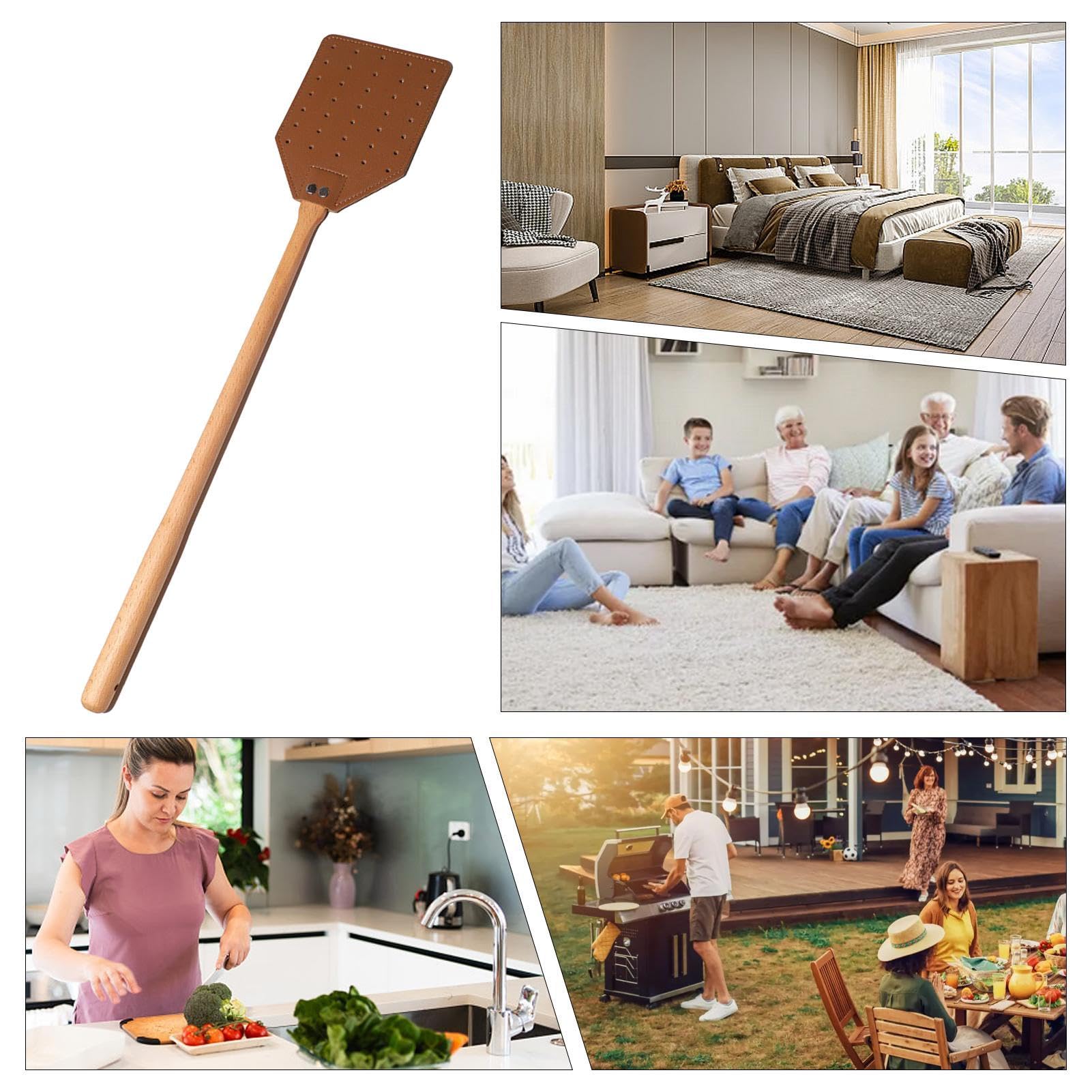 Scopino per mosche in legno robusto, sottotetto per vespe cava, sottaceto per mosche portatile, sottaceto per mosche in pelle | Scopino a mano con manico comodo per il giardino orto