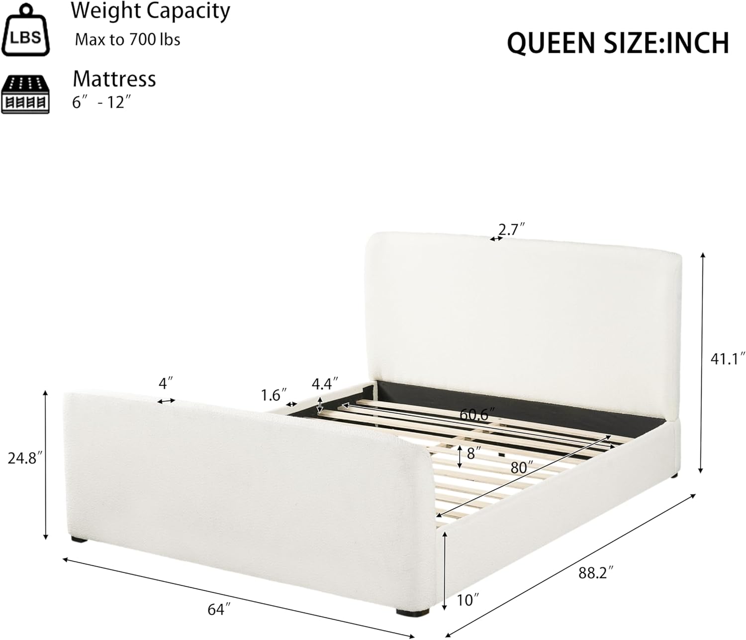 Merax Queen Size Upholstered Platform Bed Frame with Headboard & Footboard, Modern Boucle Fabric Queen Bedframe with Solid Wood Legs, Curved Edges, No Box Spring Needed, Easy Assembly, White