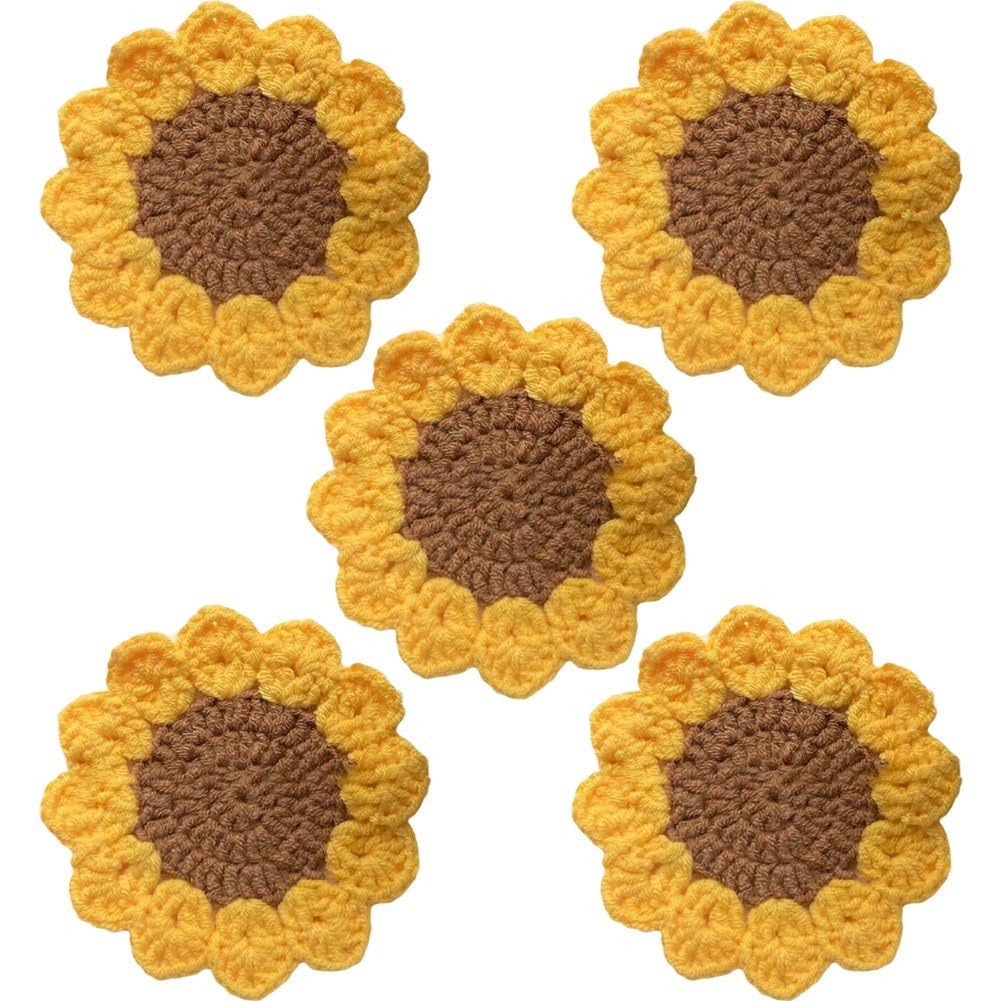 Sanfly As Shown Coasters For Drinks, Hand-Knitted Sunflower Coasters Round Floral Crochet Coaster Reusable Insulation Pads Woven Coffee Cup Pad