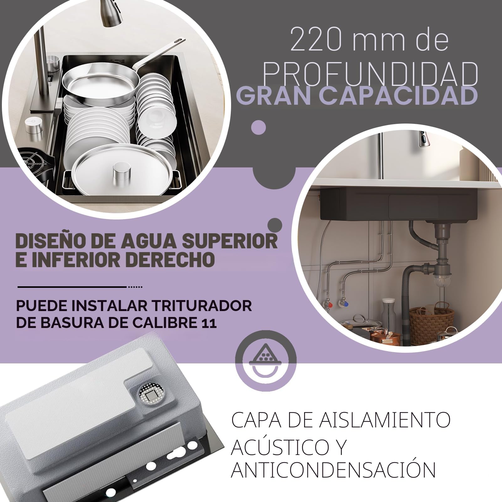 Fregadero de cocina con cascada negra, 80 x 45 cm, 1 cuenco, acero inoxidable, rectangular, sifón, rebosadero y desagüe, moderno y multifuncional, fregadero cascada con juego de accesorios