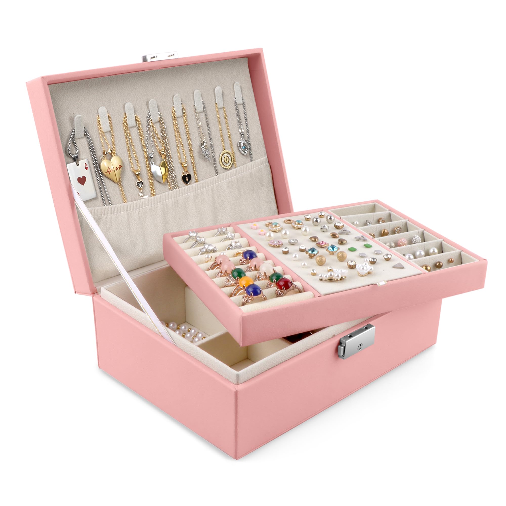 Homeanda Schmuckkästchen mit Schloss - Große Schmuckschatulle aus Leder für Damen, Schmuckbox mit 2 Ebenen (Rosa)