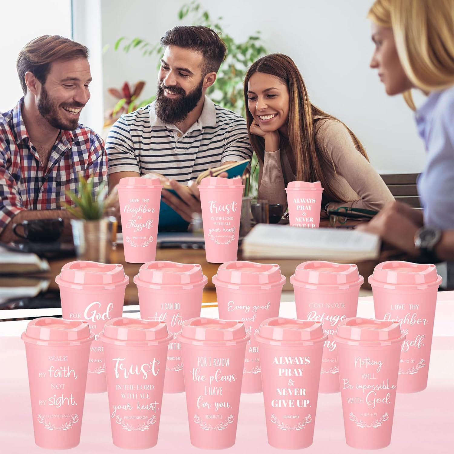 Skylety 60 Pack Christian Gifts for Men Women 16oz Reusable Bible Verse Tumbler Bulk Plastic Coffee Cups with Lids Inspirational Religious Church Gifts for Valentine Easter Birthday (Pink) - Image 7