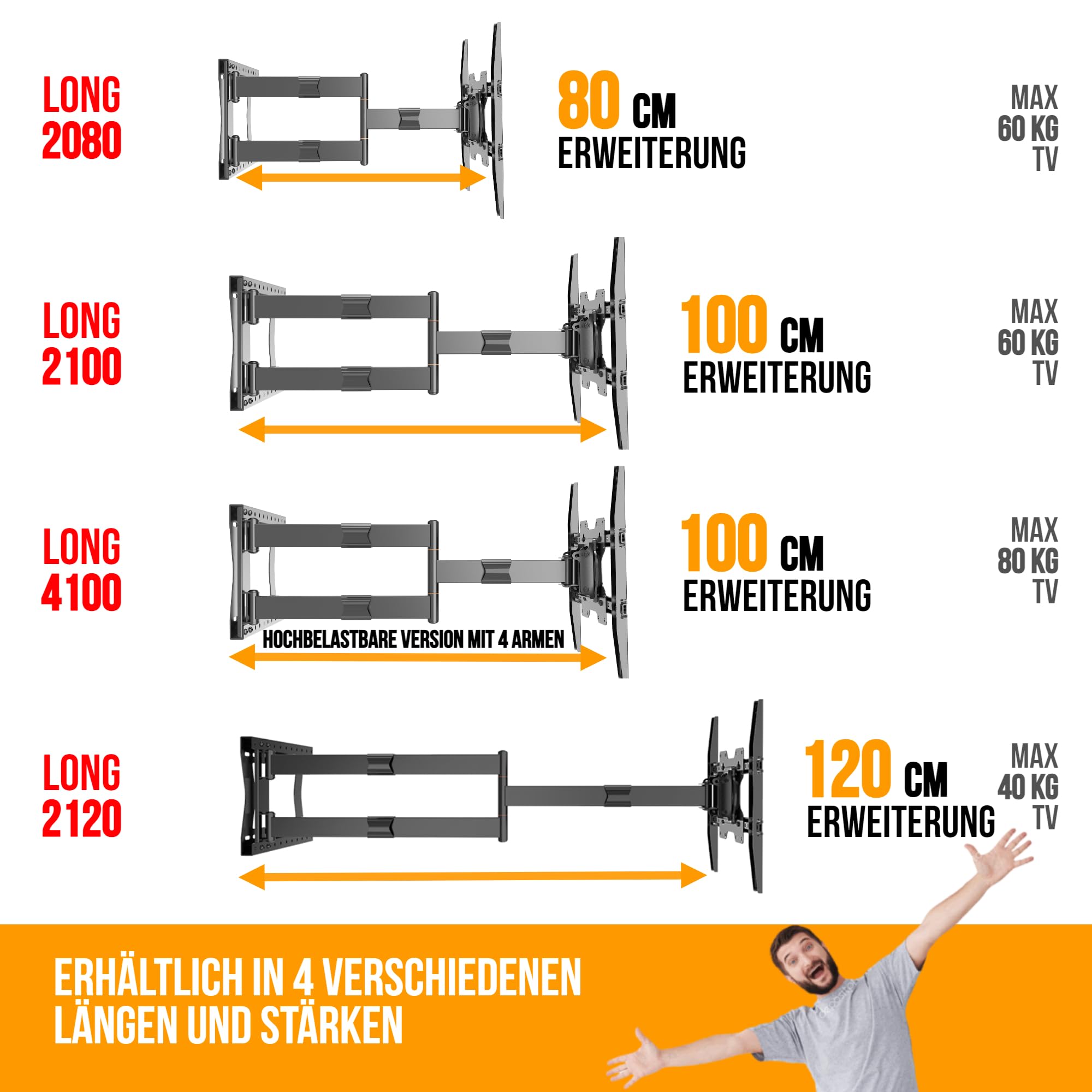 Nanook Long 4100 Langarm TV-Wandhalterung 42-85 Zoll, 100 cm Auszug, 80 kg | Unsere Allerstärkste Halterung, Extra-Lange Arme Für Maximalen Schwenkbereich (180°) Und Große Reichweite, Max. VESA 600x400
