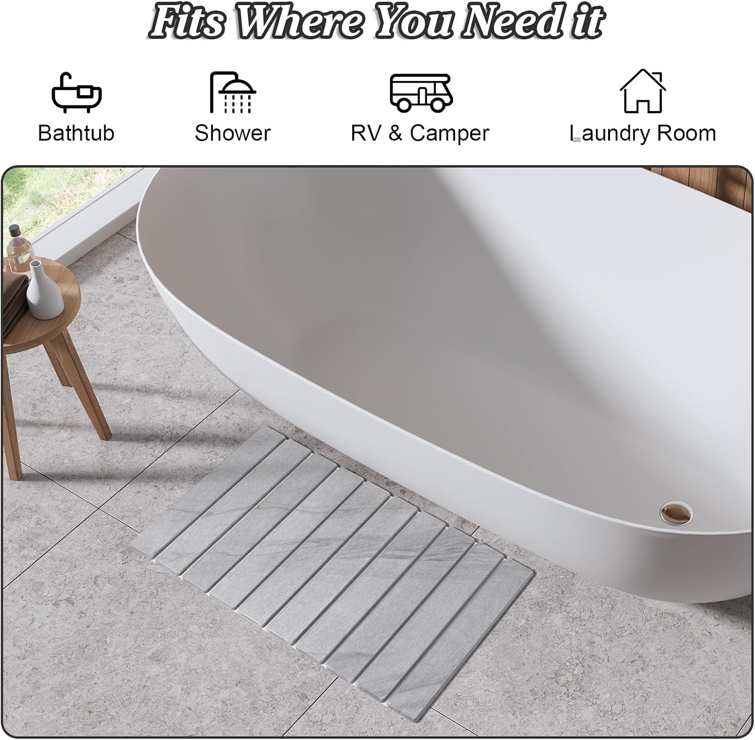 Marble-Look Stone Bath Mat, Gray Foldable Diatomaceous Earth Shower Mat for Bathroom, Quick Dry Stone Bath Mats with Non-Slip Pad, Super Absorbent Bathroom Stone Mat, 23.6 x 15.3 Inch