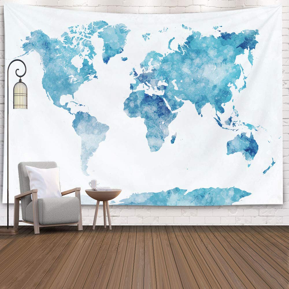 CAPSCEOLLMap Tapestry Blue, Tapestry World Map Map Tapestry Kids Treasure Map Tapestry World Map Tapestry Blue Tapestry Map Wall Hanging 60X50 Inches,Blue White