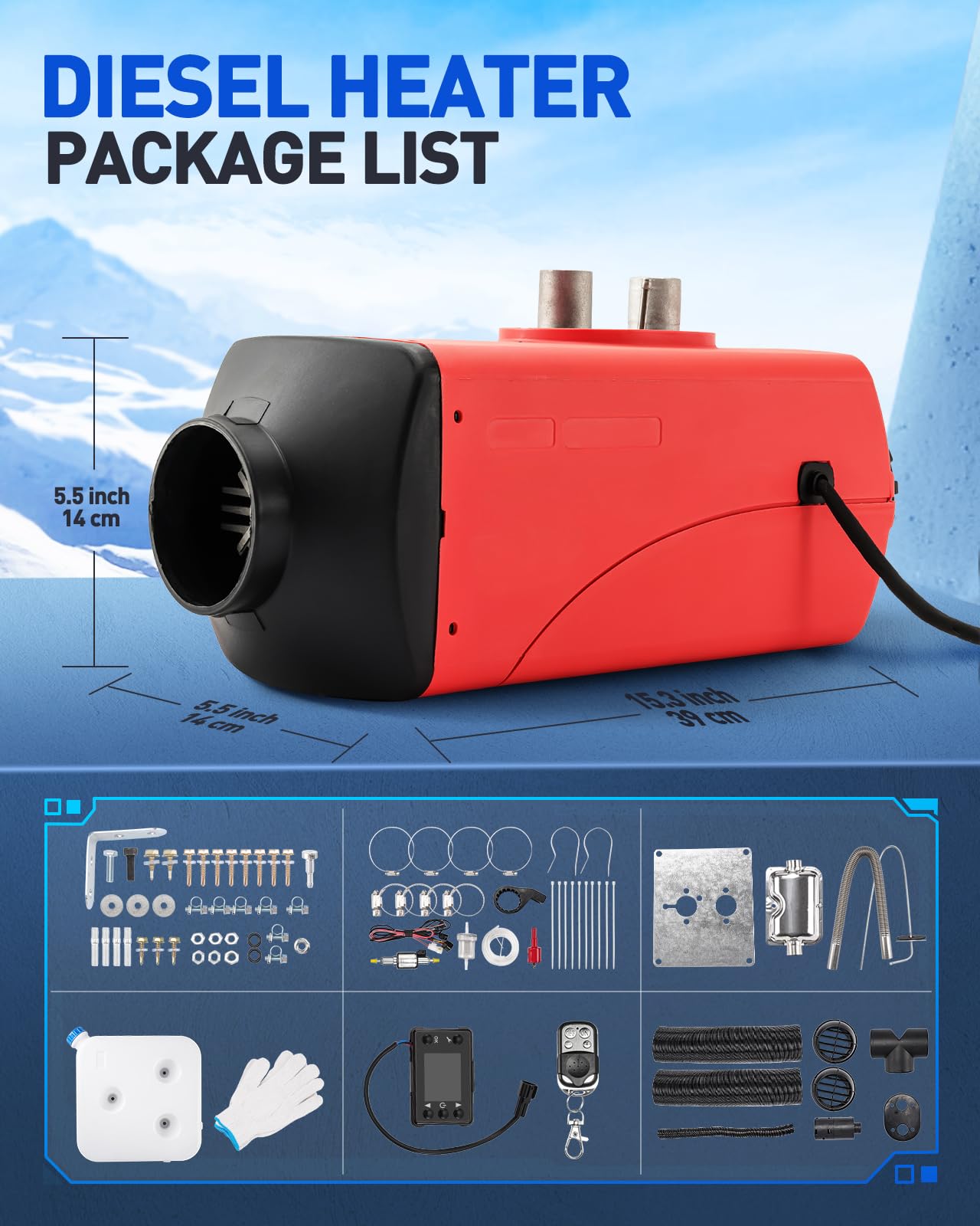 12V 5KW Air Diesel Heater, zestaw ogrzewania postojowego z tłumikiem LCD Wyświetlacz Zdalne sterowanie, Nocne ogrzewanie Diesel Ciche dla samochodów Przyczepy kempingowe Ciężarówki Łodzie Autobusy