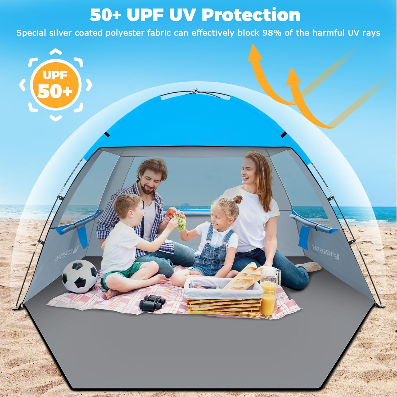 Venustas Beach Tent Sun Shelter for 3/4/6/8 Person, UPF 50+ UV Protection Beach Canopy, Lightweight and Easy Setup Cabana, Portable Shade Tent
