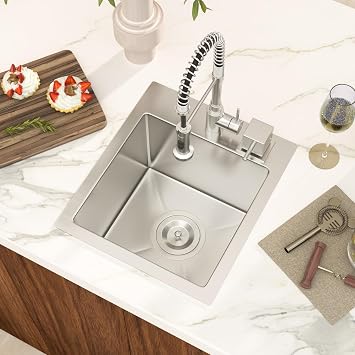 Drop in Bar Sink 13x15 Inch Single Bowl Stainless Steel Sink | Topmount Handmade Kitchen Sink with Drain,Stainless Steel Small Prep Sink for Outdoor RV Bar