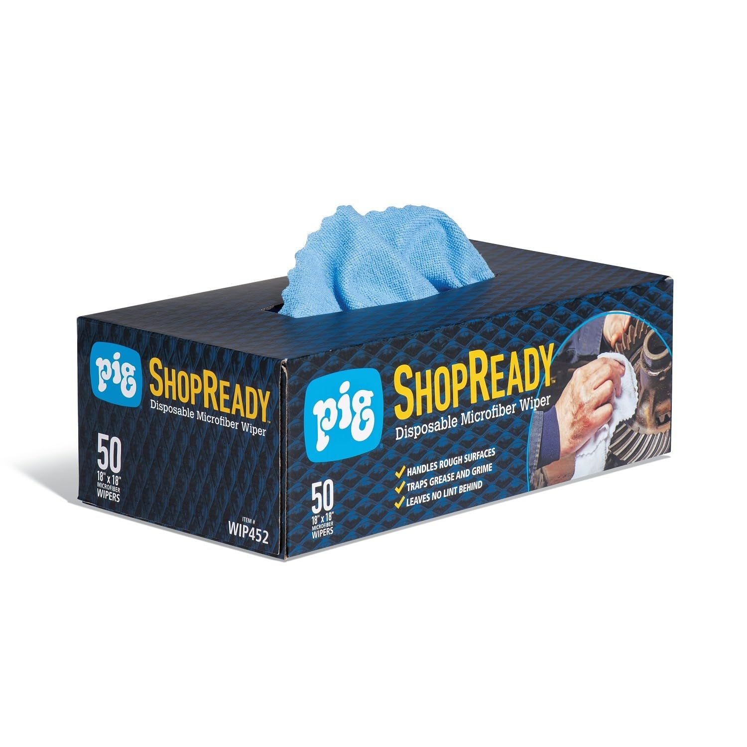 PIG ShopReady Microfiber Wipers| Durable Low-Lint Microfiber Rags | 50 per Box | 18" W x 18" L | Blue | PM50826-BL