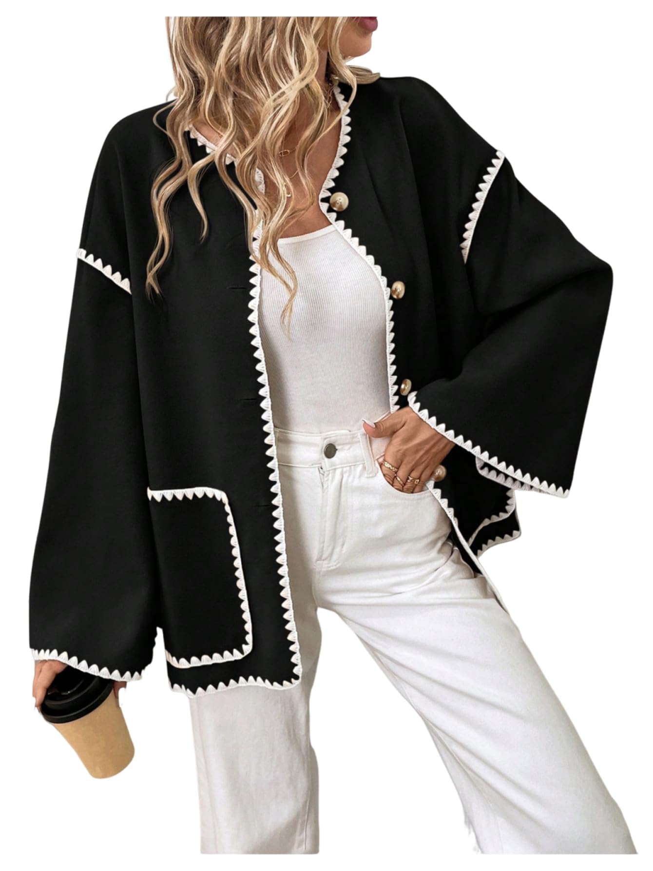 GORGLITTER Womens Oversized Jacket Tweed Open Front Cardigan Long Sleeve Button Down Fall Dressy Casual Outwear