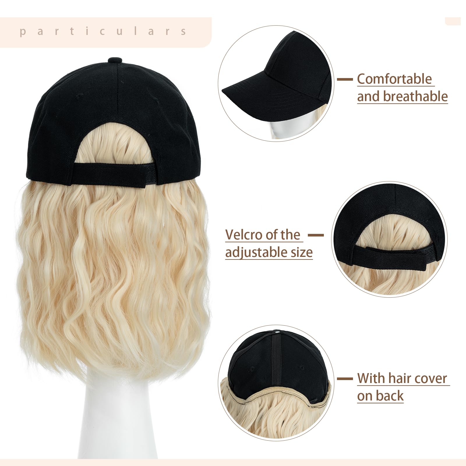 8 Inch Baseball Cap With Hair Extensions BOB Synthetic Hair With Attached Black Hat With One Piece Hair Extensions For Women - Image 3