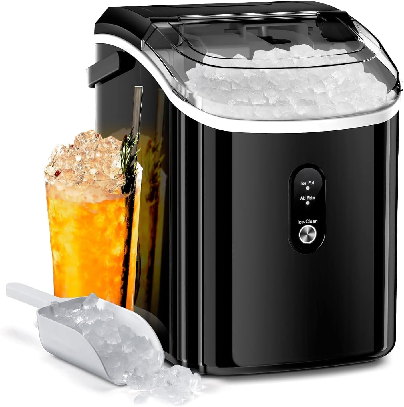 AGLUCKY Nugget Ice Makers Countertop with Handle, Portable Pebble Ice Machine with Soft Chewable Ice,Self-Cleaning,One-Click Operation for Home/Kitchen (Dark Black)