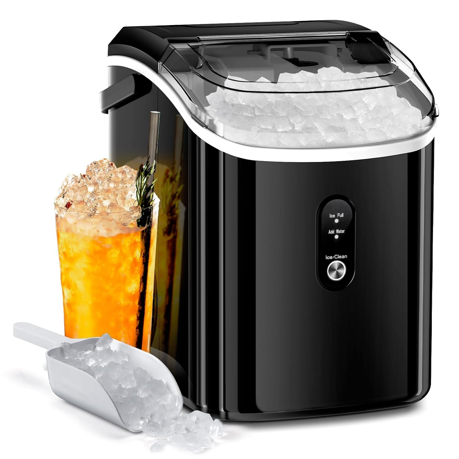 AGLUCKY Nugget Ice Makers Countertop with Handle, Portable Pebble Ice Machine with Soft Chewable Ice,Self-Cleaning,One-Click Operation for Home/Kitchen (Dark Black)